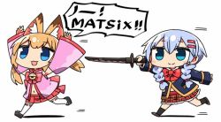 Rule 34 | 2girls, :3, :d, animal ear fluff, animal ears, arms up, bell, blonde hair, blue eyes, blue hair, blush, bow, bowtie, braid, chasing, chibi, closed mouth, crossover, detached sleeves, fox ears, hair ornament, hairclip, hands up, holding, holding sword, holding weapon, jingle bell, kanikama, kemomimi oukoku kokuei housou, multiple girls, navel, nekomasu (kemomimi vr channel), open mouth, platform footwear, pleated skirt, red skirt, running, sandals, simple background, skirt, smile, sword, thighhighs, twin braids, virtual youtuber, weapon, white background, white legwear