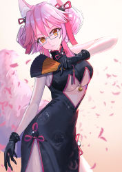 Rule 34 | 1girl, animal ear fluff, animal ears, black dress, black gloves, breasts, china dress, chinese clothes, clothing cutout, commentary, contrapposto, cowboy shot, double bun, dress, falling petals, fate/grand order, fate (series), folding fan, fox cutout, fox ears, fox girl, fox tail, glasses, gloves, grey-framed eyewear, hair between eyes, hair bun, hair ribbon, hand fan, highres, holding, holding fan, koyanskaya (chinese lostbelt outfit) (fate), koyanskaya (fate), large breasts, looking at viewer, may9, parted lips, petals, pink hair, ribbon, side slit, sleeveless, sleeveless dress, solo, tail, tamamo (fate), tassel, underboob, underboob cutout, yellow eyes
