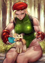 Rule 34 | 1girl, ahoge, animal, animal on lap, ayaki blade, bell, beret, biceps, blonde hair, braid, breasts, cammy white, cat, cellphone, fingerless gloves, forest, gloves, green eyes, green leotard, hat, highleg, highleg leotard, highres, legs together, leotard, looking down, medium breasts, muscular, muscular female, nature, neck bell, on lap, phone, red headwear, sitting, smartphone, smartphone case, street fighter, thighs, twin braids