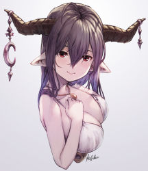 Rule 34 | 1girl, antenna hair, artist name, black hair, breasts, cleavage, commentary request, danua, draph, granblue fantasy, grey background, hair between eyes, horns, ivris, jewelry, large breasts, long hair, looking at viewer, necklace, pointy ears, red eyes, simple background, smile, solo