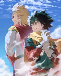 Rule 34 | 2boys, absurdres, back-to-back, blonde hair, blue sky, boku no hero academia, cape, freckles, gloves, green eyes, green hair, hand on own hip, highres, looking back, looking to the side, male focus, matsumotoshinnnosuke, messy hair, midoriya izuku, multiple boys, muscular, muscular male, red cape, red gloves, sky, smile, smoke, togata mirio, white gloves, yellow cape
