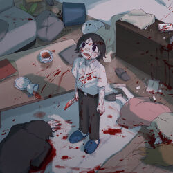 Rule 34 | 1girl, 2boys, absurdres, avogado6, bandaged arm, bandages, bandaid, bandaid on arm, bandaid on face, belt, black belt, black eyes, black hair, black pants, blank stare, blood, blood on clothes, blood on face, blood on ground, blood on hands, blood on wall, bloody knife, brown hair, brown shirt, chest of drawers, collared shirt, commentary request, corpse, cup, dress shirt, empty eyes, face down, from above, gauze on cheek, highres, holding, holding knife, knife, long skirt, long sleeves, looking up, messy room, multiple boys, murder, open hands, open mouth, original, pants, parent and child, pink skirt, pool of blood, rug, shirt, short hair, short sleeves, skirt, slippers, smile, spill, table, tea, teacup, tearing up, wide-eyed, wide shot