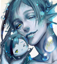 Rule 34 | 1boy, air bubble, alternate form, artist name, blue hair, blue lips, blue skin, bubble, character doll, claws, colored eyelashes, colored skin, eel boy, fins, gradient background, grin, head fins, jade leech, looking at viewer, male focus, minamoto (tomonami 66), monster boy, multicolored hair, one eye closed, sharp teeth, short hair, smile, streaked hair, teeth, twisted wonderland, webbed hands, white background, yellow eyes