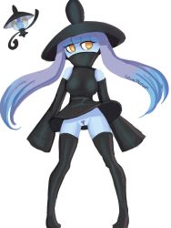 Rule 34 | 1girl, artist name, bare shoulders, black dress, black hat, black thighhighs, blue hair, blue skin, blunt bangs, breasts, colored skin, creatures (company), detached sleeves, dress, female focus, female pubic hair, full body, game freak, gen 5 pokemon, gradient hair, hat, highres, jpeg artifacts, lampent, long hair, looking to the side, medium breasts, mezmaroon, multicolored hair, nintendo, no humans, no panties, orange eyes, personification, pigeon-toed, pokemon, pokemon (creature), pubic hair, purple hair, pussy, signature, simple background, sleeveless, sleeveless dress, sleeves past fingers, sleeves past wrists, solo, standing, thighhighs, turtleneck, uncensored, white background
