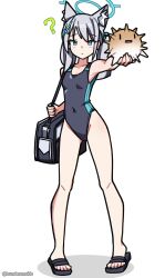 Rule 34 | 1girl, ?, absurdres, animal ear fluff, animal ears, bag, black one-piece swimsuit, blue archive, blue eyes, breasts, competition swimsuit, covered navel, cross hair ornament, extra ears, fish, full body, grey hair, hair ornament, halo, highres, holding, low ponytail, medium breasts, medium hair, mismatched pupils, multicolored clothes, multicolored swimsuit, official alternate costume, one-piece swimsuit, puffer fish, shiroko (blue archive), shiroko (swimsuit) (blue archive), simple background, solo, standing, swimsuit, tsunderemaids, white background, wolf ears