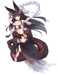 Rule 34 | 1girl, absurdres, animal ears, bare shoulders, barefoot, bell, black hair, black thighhighs, blush, breasts, cleavage, collarbone, full body, granblue fantasy, hair bell, hair ornament, highres, large breasts, long hair, looking at viewer, navel, open mouth, red eyes, sideboob, simple background, smile, solo, tail, thighhighs, very long hair, white background, ym (distance819), yuel (granblue fantasy)