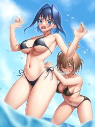 Rule 34 | 2girls, ahoge, bare shoulders, bikini, black bikini, blue eyes, blue hair, blush, breasts, brown hair, cleavage, clenched teeth, closed eyes, earrings, feather hair ornament, feathers, hair intakes, hair ornament, highres, hololive, hololive english, jewelry, large breasts, medium breasts, multicolored hair, multiple girls, nanashi mumei, navel, open mouth, ouro kronii, short hair, side-tie bikini bottom, skylock, smile, streaked hair, swimsuit, teeth, thighs, virtual youtuber
