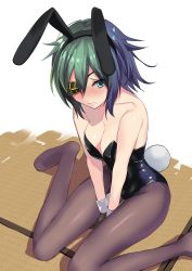 Rule 34 | 1girl, animal ears, between legs, black leotard, blue eyes, blush, breasts, cleavage, closed mouth, collarbone, commentary request, embarrassed, eyepatch, fake animal ears, fake tail, gloves, green hair, grey gloves, hand between legs, highres, kantai collection, kiso (kancolle), kiso kai ni (kancolle), leotard, masukuza j, medium breasts, nose blush, pantyhose, playboy bunny, rabbit ears, rabbit tail, short hair, sitting, solo, tail, wariza, wrist cuffs