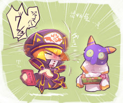 Rule 34 | 1boy, 1girl, blonde hair, blush, cellphone, chiimako, closed eyes, green background, hat, hyness, japanese text, kirby: star allies, kirby (series), military hat, nintendo, phone, robe, smartphone, sneezing, tearing up, tissue box, zan partizanne