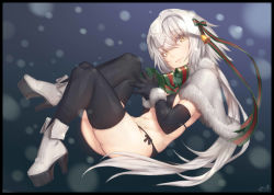Rule 34 | 1girl, artist name, ass, bell, bikini, black border, boots, border, capelet, elbow gloves, eyebrows, fate/grand order, fate (series), fur trim, gloves, green ribbon, hair between eyes, hair ribbon, headpiece, highres, jeanne d&#039;arc (fate), jeanne d&#039;arc alter (fate), jeanne d&#039;arc alter santa lily (fate), light smile, long hair, looking at viewer, lying, naidong (artist), navel, on back, own hands together, platform footwear, red ribbon, ribbon, side-tie bikini bottom, silver hair, solo, striped ribbon, swimsuit, thighhighs, thighs, yellow eyes