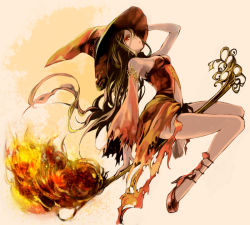 Rule 34 | 1girl, bad id, bad pixiv id, bare legs, broom, broom riding, brown hair, dress, hand on headwear, hat, legs, long hair, original, red eyes, routemoc, solo, torn clothes, torn dress, torn sleeves, witch, witch hat