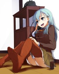 Rule 34 | 10s, 1girl, :d, against wall, antique phone, black eyes, blue hair, brown thighhighs, corded phone, feet, glass, hair ornament, hairclip, kantai collection, long hair, momo (higanbana and girl), no shoes, open mouth, panties, pantyshot, personification, petticoat, phone, rotary phone, sitting, skirt, smile, solo, suzuya (kancolle), talking on phone, thighhighs, underwear, upskirt