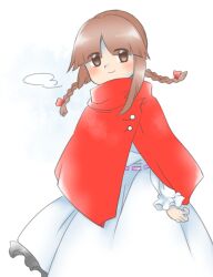 Rule 34 | 1girl, braid, brown eyes, brown hair, closed mouth, dress, hair ribbon, long hair, long sleeves, nonamejd, official style, parted bangs, poncho, red poncho, red ribbon, ribbon, rika (touhou), simple background, smile, solo, touhou, twin braids, white background, white dress, zun (style)