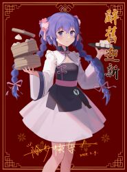 Rule 34 | 1girl, ahoge, artist request, bamboo steamer, baozi, black dress, blue eyes, blue hair, braid, commission, dated, dress, eris kissaten, eyebrows hidden by hair, feet out of frame, flat chest, food, hair between eyes, hair ornament, hair ribbon, highres, holding, holding plate, light blush, light smile, long hair, looking at viewer, mushoku tensei, pink ribbon, plate, ribbon, roxy migurdia, second-party source, shrug (clothing), signature, solo, tofu, twin braids, two-tone dress, white dress, wide sleeves