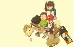 Rule 34 | 2boys, 2girls, bag, baseball, baseball cap, bench, bulbasaur, charmander, child, commentary request, creatures (company), fire, fujihara, game boy, game console, game freak, gen 1 pokemon, green shirt, handheld game console, hat, highres, long sleeves, multiple boys, multiple girls, nintendo, notebook, open mouth, original, playing games, pokemon, retro artstyle, school bag, shirt, shorts, simple background, sitting, sleeping, socks, squirtle, standing, starter pokemon trio, twintails, video game, yellow background