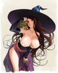 Rule 34 | 1girl, bad id, bad pixiv id, bare shoulders, bent over, breasts, brown eyes, brown hair, cleavage, detached sleeves, downblouse, dragon&#039;s crown, dress, hat, huge breasts, indesign, long hair, revision, sash, side slit, simple background, skull, solo, sorceress (dragon&#039;s crown), strapless, strapless dress, vanillaware, witch hat