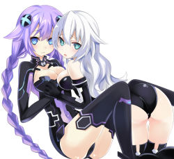 Rule 34 | 10s, 2girls, :o, aqua eyes, ass, bad id, bad pixiv id, bare shoulders, bent over, between legs, black gloves, black heart (neptunia), black legwear, blue eyes, blush, bodysuit, braid, breast press, breasts, cleavage, cleavage cutout, clothing cutout, covered navel, cross, elbow gloves, emblem, female focus, flipped hair, from side, girl on top, gloves, hair between eyes, hair ornament, holding hands, interlocked fingers, kneeling, knees together feet apart, knees up, large breasts, legs, leotard, light smile, long hair, looking at viewer, looking back, magical girl, mikan no shiru, multiple girls, navel, neptune (neptunia), neptune (series), noire (neptunia), open mouth, power symbol, power symbol-shaped pupils, purple hair, purple heart (neptunia), raised eyebrows, shy, sideboob, simple background, sitting, smile, strapless, symbol-shaped pupils, symmetrical docking, thigh gap, thighhighs, turtleneck, twin braids, very long hair, wavy hair, white background, white hair, yuri