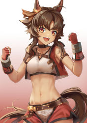 Rule 34 | 1girl, :d, animal ears, bitter glasse (umamusume), black choker, breasts, brown hair, choker, clenched hands, collarbone, commentary request, cowboy shot, crop top, fingerless gloves, gloves, gradient background, hands up, highres, horse ears, looking at viewer, medium breasts, midriff, navel, open clothes, open mouth, open vest, red background, red eyes, red gloves, red vest, shirt, short hair with long locks, sleeveless, sleeveless shirt, smile, solo, stomach, tail, tks (526tks), umamusume, vest, white background, white shirt