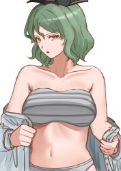 Rule 34 | 1girl, absurdres, breasts, chest sarashi, collarbone, commentary, green eyes, green hair, hat, highres, karubo 100sei, large breasts, looking at viewer, navel, open mouth, sarashi, short hair, simple background, soga no tojiko, solo, touhou, upper body, variant set, white background