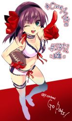 Rule 34 | 10s, 1girl, american football, angel beats!, bikini, bikini top only, choker, english text, foreshortening, frilled shorts, frills, garter straps, gloves, green eyes, hairband, highres, looking at viewer, national football league, navel, new england patriots, one eye closed, pointing, purple hair, red gloves, satomi yoshitaka, short hair, short shorts, shorts, solo, swimsuit, twitter username, white shorts, nakamura yuri