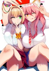 Rule 34 | 2girls, ahoge, alternate costume, animal ear fluff, animal ears, blonde hair, blue skirt, blush, breasts, cleavage, collared shirt, contemporary, crossed legs, fate/extra, fate (series), fox ears, fox girl, green eyes, hair intakes, han (jackpot), large breasts, long hair, looking at viewer, multiple girls, necktie, nero claudius (fate), nero claudius (fate) (all), nero claudius (fate/extra), one eye closed, pink hair, plaid, plaid skirt, pleated skirt, puckered lips, red skirt, scrunchie, selfie, shirt, short sleeves, side-by-side, simple background, sitting, skirt, smile, tamamo (fate), tamamo no mae (fate/extra), thighs, tied shirt, tongue, tongue out, undone necktie, v, white background, white shirt, wrist scrunchie, yellow eyes
