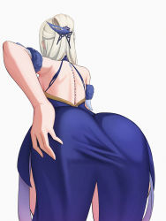 Rule 34 | 1girl, ass, back, bare shoulders, blue dress, breasts, dress, folded ponytail, genshin impact, hair ornament, half updo, highres, large breasts, long hair, ningguang (genshin impact), ningguang (orchid&#039;s evening gown) (genshin impact), sidelocks, sp123, thighs, white hair