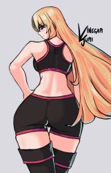 Rule 34 | 1girl, ass, ass focus, bare shoulders, blonde hair, blue eyes, blush, breasts, clarisse (fire emblem), fire emblem, from behind, highres, huge ass, large breasts, long hair, looking at viewer, looking back, looking down, nintendo, parted lips, short shorts, shorts, sideboob, solo, sports bra, thighhighs, very long hair, vinegar juri