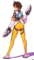 Rule 34 | 1girl, absurdres, ass, bodysuit, bomber jacket, brown eyes, brown hair, facing back, full body, gloves, goggles, gun, highres, jacket, jeff miga, looking at viewer, orange bodysuit, orange goggles, overwatch, overwatch 1, short hair, smile, solo, spiked hair, standing, tracer (overwatch), weapon