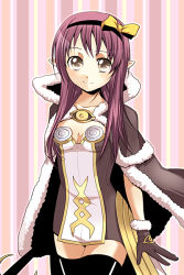 Rule 34 | 1girl, black hairband, black thighhighs, blush, bow, breasts, brown cape, brown dress, brown eyes, brown gloves, cape, closed mouth, commentary request, cowboy shot, dress, fur-trimmed cape, fur-trimmed gloves, fur trim, gloves, hair bow, hairband, high wizard (ragnarok online), holding, holding staff, long hair, looking at viewer, pink background, pointy ears, purple hair, ragnarok online, sasai saki, short dress, small breasts, smile, solo, staff, strapless, strapless dress, striped, striped background, thighhighs, two-tone dress, white dress, yellow bow