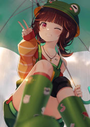Rule 34 | 1girl, absurdres, boots, brown hair, frog, frog hair ornament, hair ornament, highres, ikazu401, keroro suika, looking at viewer, looking down, nail polish, pale skin, pink eyes, rain, rubber boots, rubber boots, smile, tattoo, umbrella, v, virtual youtuber, yumelive