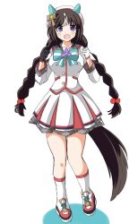 Rule 34 | 1girl, animal ears, asymmetrical gloves, beret, black gloves, black hair, blush, braid, breasts, clenched hands, commentary request, ear covers, full body, gloves, hat, highres, hokko tarumae (umamusume), horse ears, horse girl, horse tail, ishimori sakana, large breasts, long braid, long hair, long sleeves, looking at viewer, mismatched gloves, multicolored hair, purple eyes, ribbon, shoes, solo, standing, streaked hair, tail, twin braids, umamusume, white background, white gloves, white hair, white hat