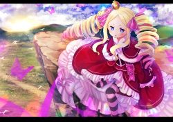 Rule 34 | 1girl, absurdres, beatrice (re:zero), blonde hair, blue eyes, blush, bow, bug, butterfly, butterfly-shaped pupils, capelet, cliff, cloud, dress, dress bow, drill hair, frills, hair bow, highres, huge filesize, insect, lens flare, long hair, long sleeves, outdoors, pantyhose, pink bow, pink butterfly, pink pupils, re:zero kara hajimeru isekai seikatsu, red capelet, red dress, shimotsukishin, sidelocks, sitting, solo, striped clothes, striped pantyhose, sunlight, symbol-shaped pupils, twin drills, wide sleeves