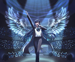 Rule 34 | 1girl, :d, absurdres, ado (utaite), arm up, black bow, black bowtie, black coat, black hair, black pants, black suit, blue eyes, blue flower, blue hair, blue rose, bow, bowtie, cloud nine inc, coat, commentary, crowd, feathered wings, feet out of frame, flower, flower brooch, formal, full body, gloves, glowstick, hand up, highres, holding, holding microphone, holographic wings, hukukame, light particles, long hair, long sleeves, looking up, microphone, mole, mole under eye, open clothes, open coat, open mouth, outstretched arm, pant suit, pants, penlight (glowstick), rose, shirt, smile, solo, stage, stage lights, standing, suit, utaite, walking, white gloves, white shirt, wings