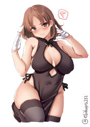 Rule 34 | 1girl, alternate costume, black dress, black footwear, black thighhighs, blush, breasts, brown eyes, brown hair, china dress, chinese clothes, chiyoda (kancolle), cleavage, cleavage cutout, clothing cutout, covered navel, cowboy shot, dress, ebifurya, gloves, hair between eyes, half gloves, highres, kantai collection, large breasts, lips, looking at viewer, medium hair, one-hour drawing challenge, pelvic curtain, simple background, solo, standing, standing on one leg, thighhighs, twitter username, white background, white gloves