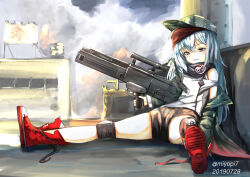 Rule 34 | 1girl, absurdres, assault rifle, blush stickers, brown eyes, bullpup, caseless firearm, city, commentary request, dated, full body, g11 (girls&#039; frontline), girls&#039; frontline, green hat, green jacket, grey hair, gun, h&amp;k g11, hair between eyes, hat, highres, holding, holding gun, holding weapon, jacket, knee pads, long hair, miyopiwi, parted lips, red footwear, rifle, scarf on head, shirt, sitting, solo, twitter username, weapon, white shirt