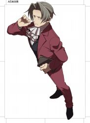 Rule 34 | 1boy, ace attorney, ascot, black footwear, black vest, book, closed mouth, formal, full body, grey hair, hair intakes, holding, holding book, jacket, long sleeves, looking at viewer, male focus, miles edgeworth, pants, red jacket, red pants, red suit, shirt, shoes, short hair, solo, standing, suit, vest, wahootarou, white shirt