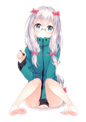 Rule 34 | 10s, 1girl, bad perspective, barefoot, blue eyes, bottomless, bow, cherry (kjvp4842), covering privates, covering crotch, eromanga sensei, feet, full body, glasses, highres, izumi sagiri, jacket, long hair, looking at viewer, pink bow, semi-rimless eyewear, silver hair, sitting, sleeves past wrists, soles, stylus, toes, under-rim eyewear, very long hair, white background