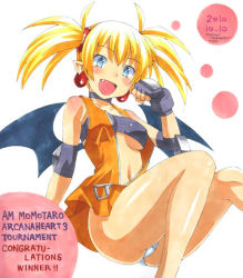 Rule 34 | 1girl, :d, aq interactive, arcana heart, arcana heart 3, ass, astroguyii, atlus, bandeau, bat wings, blonde hair, blue eyes, blush, breasts, choker, demon girl, dress, earrings, elbow pads, examu, fingerless gloves, gloves, hair ornament, jewelry, legs, lilica felchenerow, nakamura yukitoshi, open clothes, open mouth, open shirt, panties, pantyshot, pointy ears, shirt, short dress, short twintails, smile, solo, traditional media, twintails, underboob, underwear, unzipped, white panties, wings, zipper