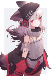 Rule 34 | 1girl, absurdres, animal ears, arknights, beanie, black hat, black pantyhose, black skirt, border, breasts, commentary, cowboy shot, ears through headwear, fox ears, fox girl, fox tail, frostleaf (arknights), gradient hair, grey background, grey hair, grey shirt, hat, headphones, highres, jacket, long hair, looking at viewer, material growth, multicolored hair, off-shoulder shirt, off shoulder, open clothes, open jacket, oripathy lesion (arknights), outside border, pantyhose, red eyes, red jacket, shirt, simple background, skirt, small breasts, solo, sweat, tail, tokorinowa, white border