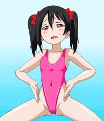 Rule 34 | 10s, 1girl, black hair, blue background, blush, gradient background, haigure, love live!, love live! school idol project, one-piece swimsuit, pink one-piece swimsuit, reonnharuto, shiny skin, solo, sweat, swimsuit, twintails, yazawa nico