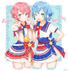 Rule 34 | 1boy, 1girl, ;d, absurdres, blue thighhighs, blush, brother and sister, character name, dorothy west, ekki, highres, reona west, one eye closed, open mouth, pink thighhighs, pleated skirt, pretty series, pripara, siblings, skirt, smile, thighhighs, trap, twins, v