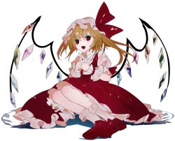 Rule 34 | 1girl, blonde hair, bow, commentary request, dress, fangs, flandre scarlet, hat, hat bow, highres, ikurauni, looking at viewer, mob cap, open mouth, petticoat, puffy short sleeves, puffy sleeves, red bow, red dress, red eyes, red footwear, short sleeves, side ponytail, sitting, smile, socks, solo, touhou, white socks, wings, wrist cuffs