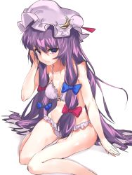 Rule 34 | 1girl, asuzemu, bad leg, bare legs, bikini, blue bow, bow, crescent, crescent hair ornament, frilled bikini, frills, hair bow, hair ornament, hat, highres, long hair, looking at viewer, mob cap, patchouli knowledge, purple bikini, purple eyes, purple hair, red bow, sidelocks, simple background, sitting, sketch, solo, swimsuit, touhou, very long hair, white background