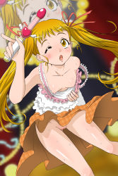 Rule 34 | 00s, 1girl, :o, arm up, bare legs, blonde hair, blush, breasts, censored, collarbone, female focus, hanamiya mitsuhiko, highres, kasugano urara (yes! precure 5), mosaic censoring, nipples, no bra, no panties, one eye closed, open mouth, precure, pussy, ribbon, small breasts, solo, strap slip, sweat, twintails, yellow eyes, yes! precure 5