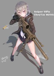 Rule 34 | 1girl, absurdres, ahoge, bipod, bolt action, cheytac m200, dancing wolf, english text, full body, girls&#039; frontline, gloves, gun, highres, hood, hood down, hooded jacket, jacket, m200 (girls&#039; frontline), motion blur, purple eyes, rifle, scope, shadow, signature, silver hair, simple background, smoke, sniper rifle, solo, weapon