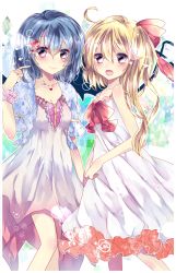 Rule 34 | 2girls, bad id, bad pixiv id, bat wings, blonde hair, blue hair, collarbone, dress, flandre scarlet, ginzuki ringo, hair ornament, hair ribbon, hairclip, heart, highres, jewelry, multiple girls, necklace, open clothes, open mouth, open vest, pendant, pink dress, pink eyes, remilia scarlet, ribbon, siblings, side ponytail, sisters, sleeveless, sleeveless dress, smile, sundress, touhou, vest, white dress, wings, wrist cuffs