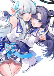 Rule 34 | 2girls, ;d, absurdres, armpits, blue archive, blue sailor collar, blush, detached sleeves, grey hair, halo, highres, looking at viewer, mischievous straight uniform (blue archive), multiple girls, noa (blue archive), nyou 0, one eye closed, open mouth, pointing, pointing at viewer, purple eyes, purple hair, sailor collar, simple background, smile, two-tone skirt, waist ribbon, white background, yuuka (blue archive)