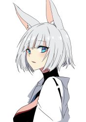 Rule 34 | animal ears, azur lane, bad id, bad pixiv id, black choker, blue eyes, bob cut, breasts, choker, eyes visible through hair, fox ears, from side, japanese clothes, kaga (azur lane), large breasts, looking at viewer, nontraditional miko, open clothes, open mouth, short hair, simple background, solo, tsurime, ururu, white background, white hair