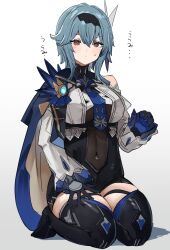 Rule 34 | 1girl, black gloves, black hairband, blue cape, blue gloves, blue hair, blue necktie, boots, breasts, cape, chest harness, clothing cutout, dot mouth, eula (genshin impact), full body, genshin impact, gloves, hairband, hand on own thigh, hand up, harness, high-waist shorts, highres, large breasts, linea alba, long sleeves, medium hair, necktie, red eyes, seiza, shorts, shoulder cutout, simple background, sitting, solo, sweatdrop, the olphy, thigh boots, thighs, white background, white sleeves, wide sleeves