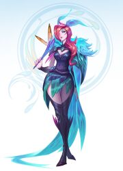 Rule 34 | 1girl, arm at side, artist request, black dress, black thighhighs, breasts, cleavage, cowboy shot, dress, elderwood xayah, feather hair ornament, feathers, full body, green skirt, grey background, hair ornament, hair over one eye, highres, holding, large breasts, league of legends, long hair, long sleeves, red hair, skirt, thighhighs, xayah